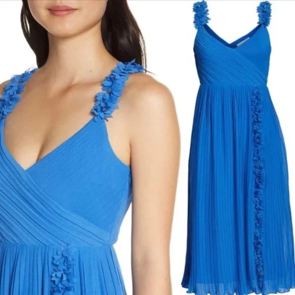 NWT Foxiedox Pleated Front Slit Floral Strap Sapphire Blue Midi Dress Size L - Picture 16 of 16